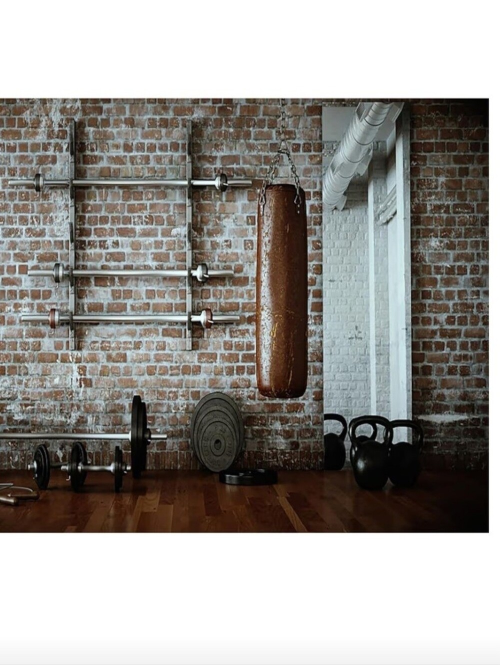 Vinyl Vintage Brown GYM Backdrop 7x5 W/Hanging Punching Bag with Weights